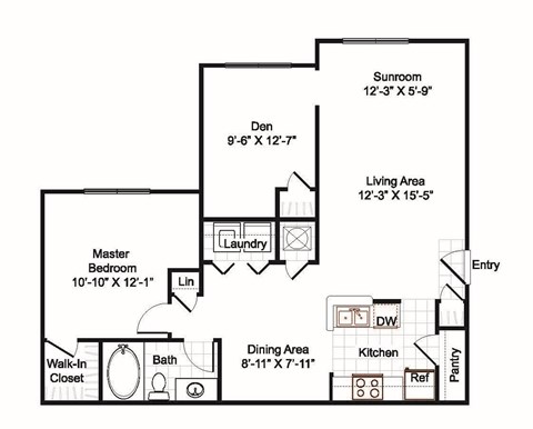 One  bedroom, one bath with dining area, extended living area, den, patio and laundry room